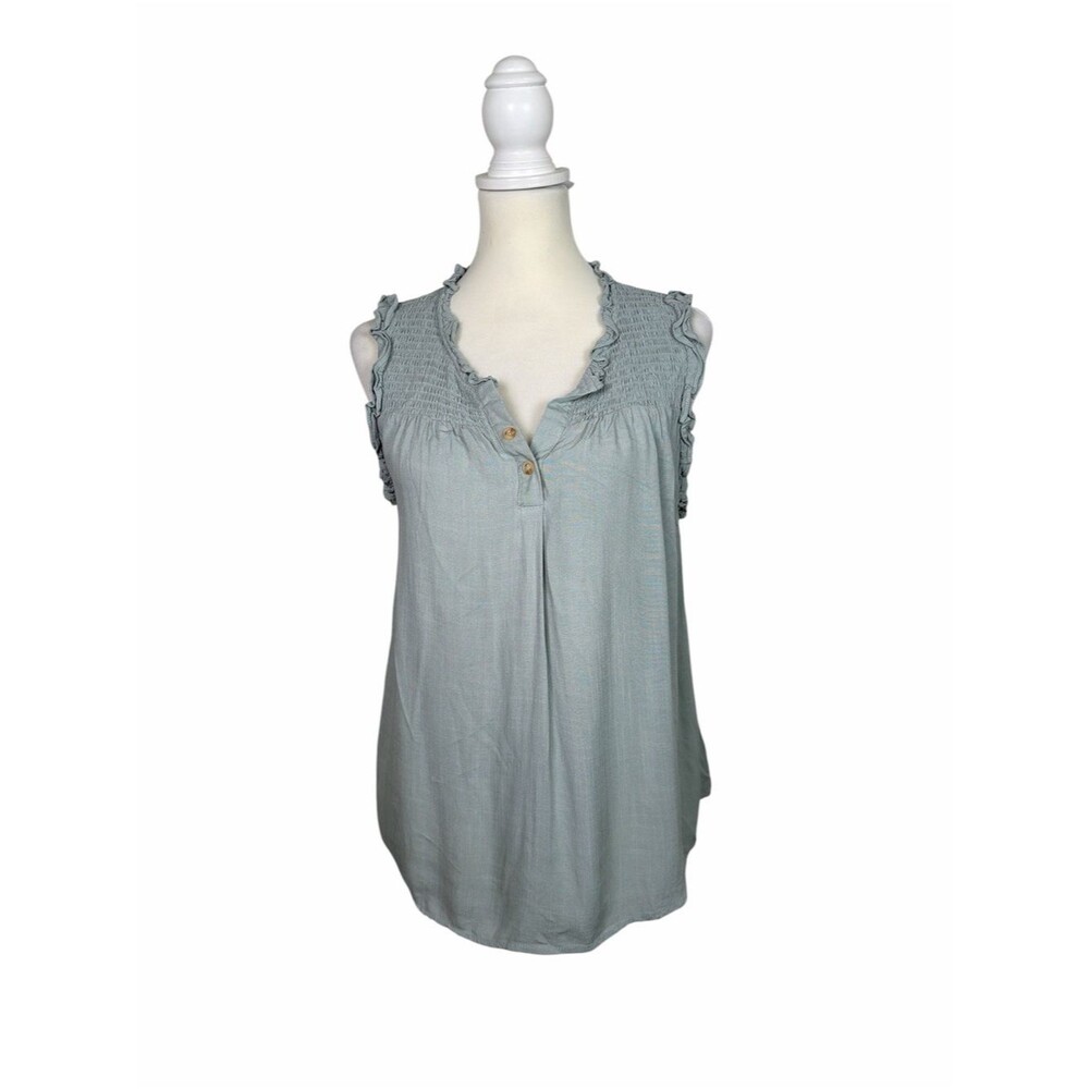 Mine Sage Green Ruffle Trim Sleeveless Blouse Rayon Boho Cottagecore Top